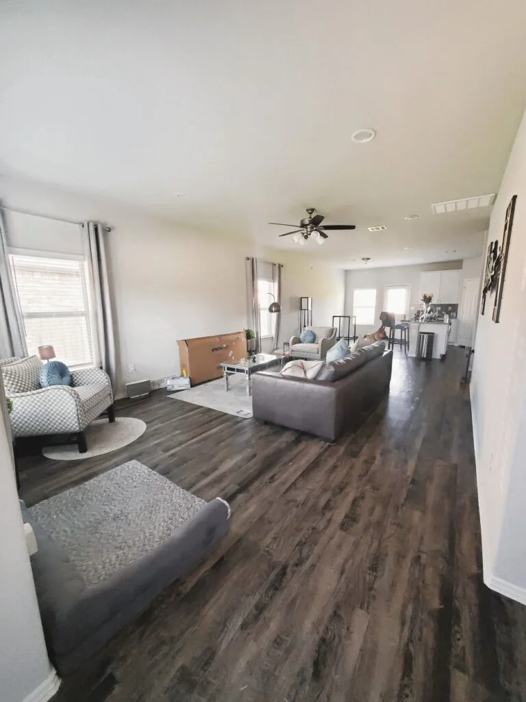 Long rectangular living room open concept